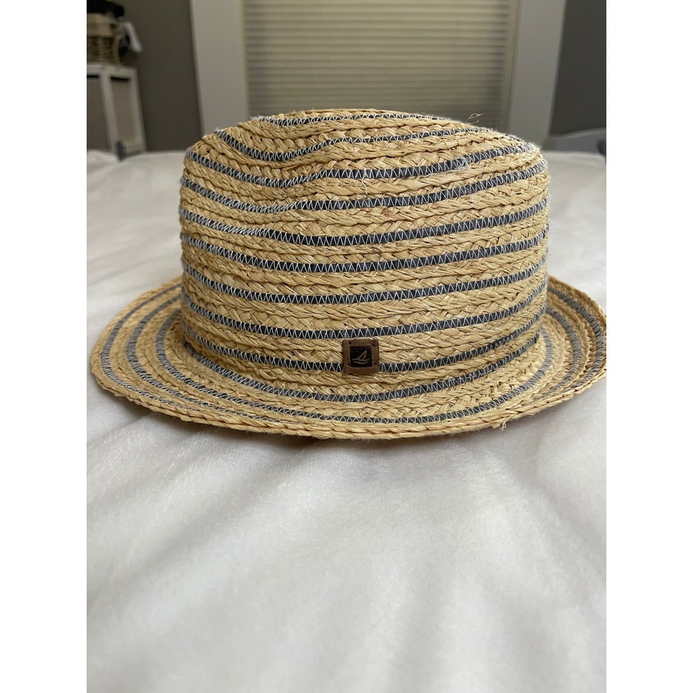 Sperry Top-Sider Womens Straw Fedora Hat Tan Blue Striped Raffia Sun Hat 5H187 - Picture 3 of 11